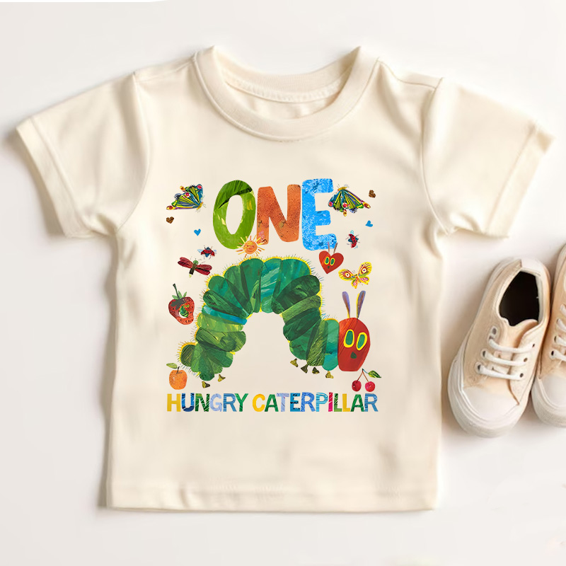 Personalized Colorful Name Age Print Cute Baby Outfit Fun Celebration Party Outfit Soft Cotton Toddler Tee Personalized Hungry Caterpillar First Birthday Shirt