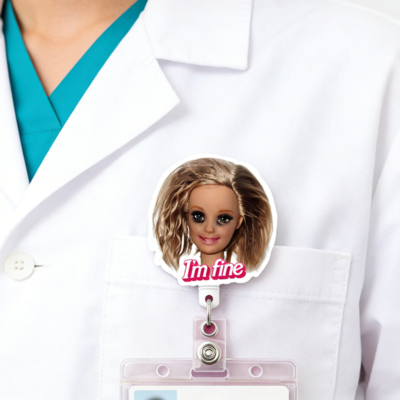 Personalized Relatable Meme Badge Reel  I'm Fine Doll Badge Funny Nurse Badge Busted Doll ID Holder for Overworked Professionals