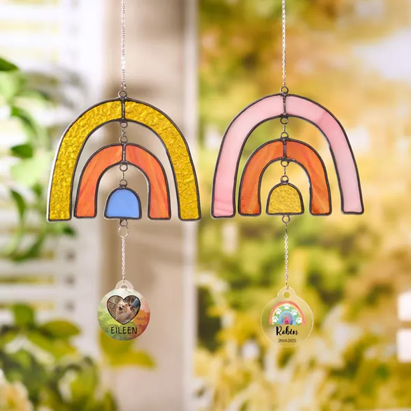 Personalized Rainbow Bridge Stained Glass Sun Catcher Custom Photo Pet Loss Gift Pet Memorial Ornament Dog Mom Gift Pet Grave Markers
