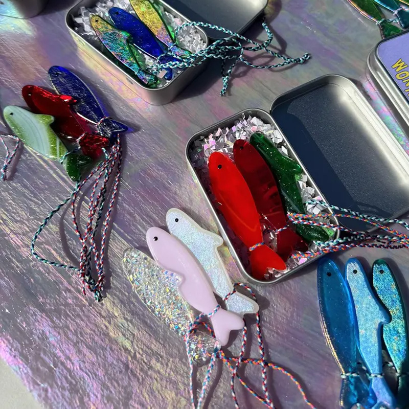 Wonky-Dines! Mystery 6-Pack of Stained Glass Sardine Suncatchers with Metal Tin! Handmade Sardine Suncatcher