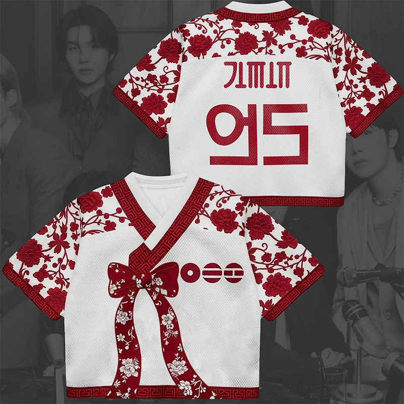 Personalized K-Pop Fan Jersey Red Floral Hanbok Style Mesh Crop Jersey Concert Jersey for Fans