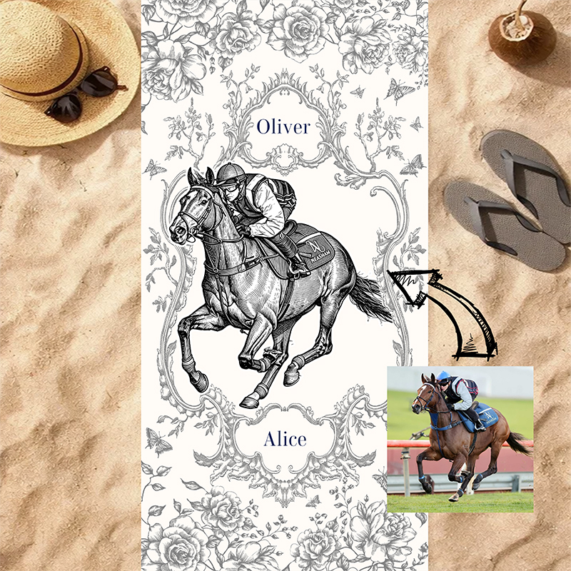 Personalized Vintage Floral Horse Racing Beach Towel Custom Names Derby Day Beach Towel for Equestrian Lovers