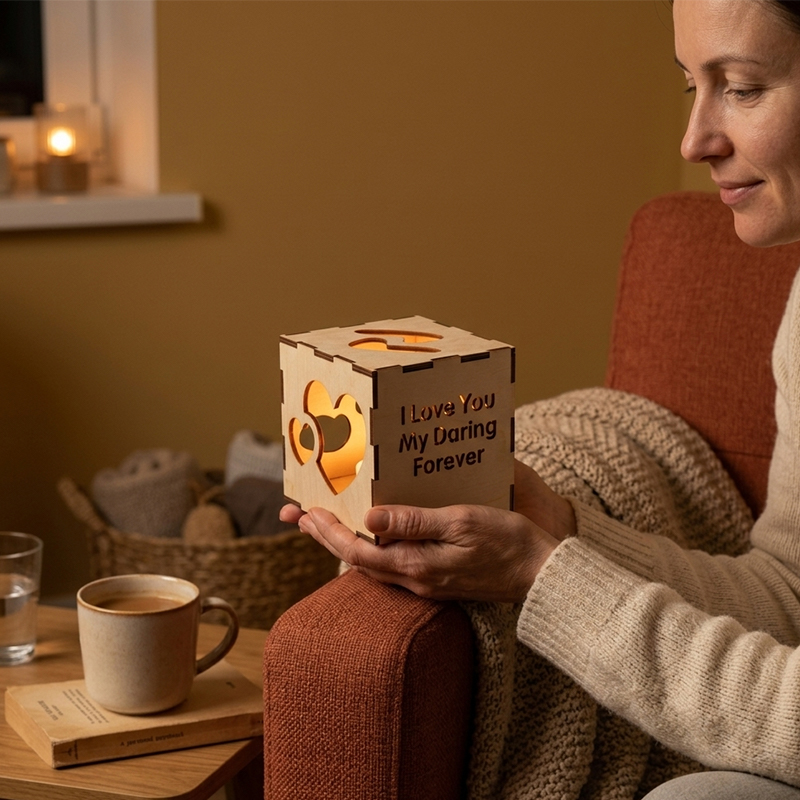 Personalized Mothers Day Gift Heart Cutout Wooden Night Light Custom Text Projection Lamp for Mom