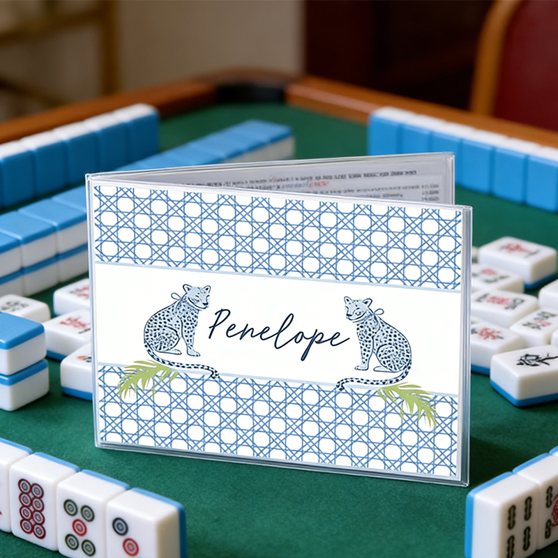 Personalized Blue Rattan Cheetah Mahjong Tile Cover Custom Name Tropical Palm Mahjong Tile Cover for Game Nights