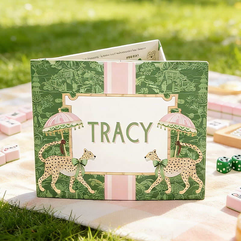 Personalized Green Pink Cheetah Mahjong Tile Cover Custom Text Bow Accent Mahjong Tile Cover for Mahjong Lovers Bridal Party 