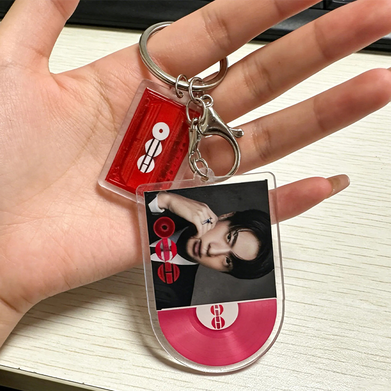 Personalized BTS Member Acrylic Keychain K-Pop Vinyl Record Cassette Charm Bangtan Boys Merch Gift for ARMY Cute Key Accessory Red Purple Vinyl Keyring
