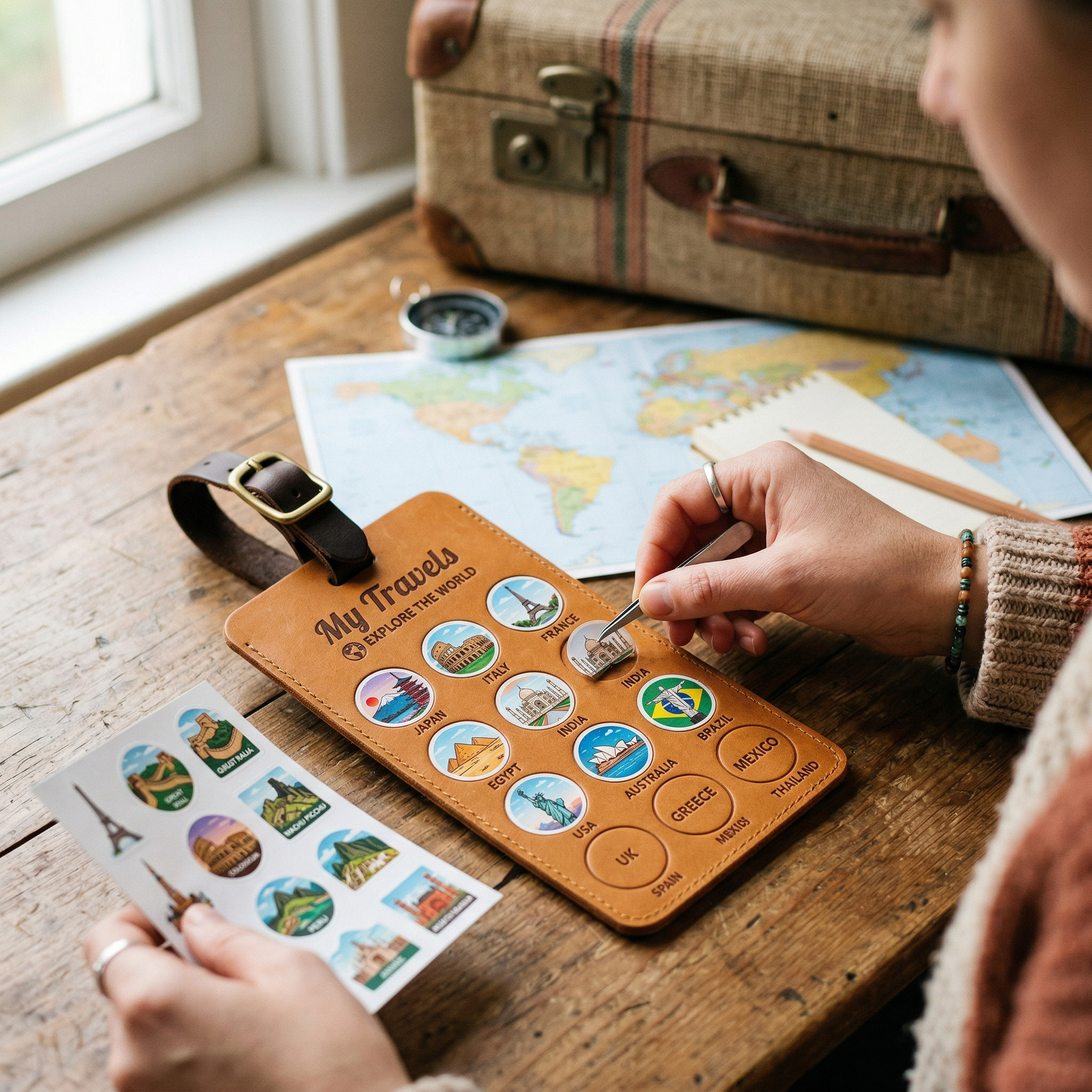 Personalized Travel Luggage Tag with Name DIY Country Sticker Travel Tracker Leather Passport Tag Gift for Travelers Custom Adventure Keepsake