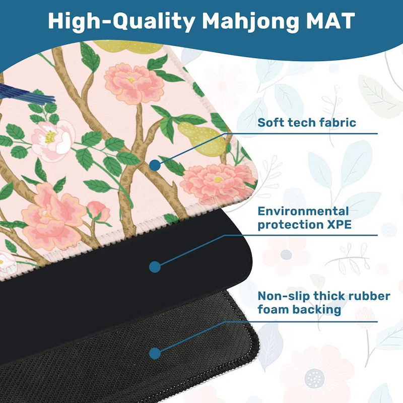 Chinoiserie Mahjong Mat Pink Floral Bird Design Waterproof Non Slip Elegant Table Protector Gift Mahjong Mat Mahjong Lovers Gifts