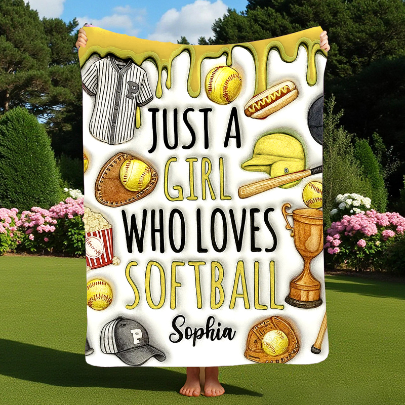 Personalized Softball Blanket with "Just a Girl Who Loves Softball" Design and Custom Name