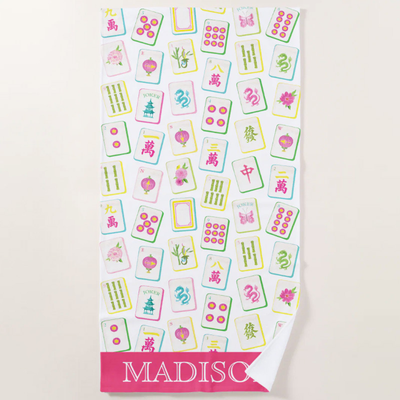 Watercolor Bright Mahjong Tiles Monogram Beach Towel Pink Coquette Mahjongg Towel Feminine Elegant Accessory