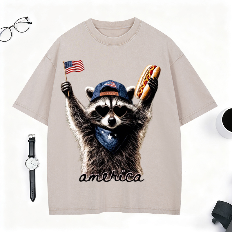 America Raccoon Hot Dog Washed T-Shirt 4th of July America Patriotic American Flag Tee
