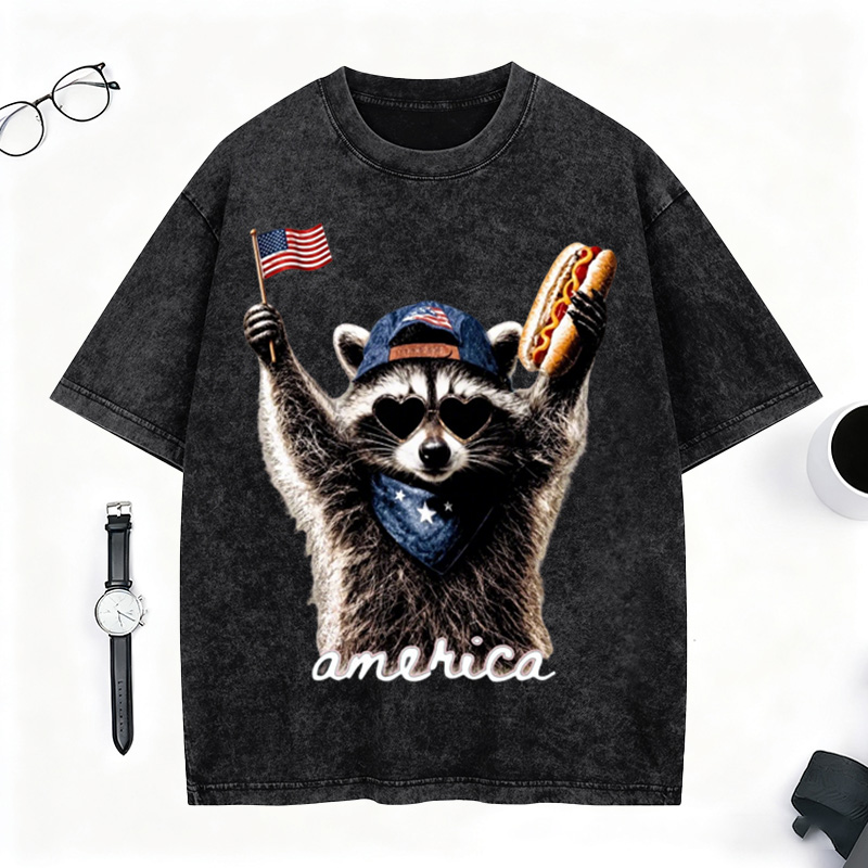 America Raccoon Hot Dog Washed T-Shirt 4th of July America Patriotic American Flag Tee