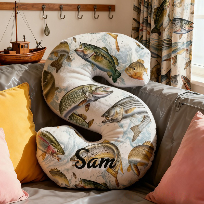 Personalized Fishing Letter Pillow Soft and Cozy with Freshwater Fish Design Custom Name Perfect Gift for Anglers and Home Decor