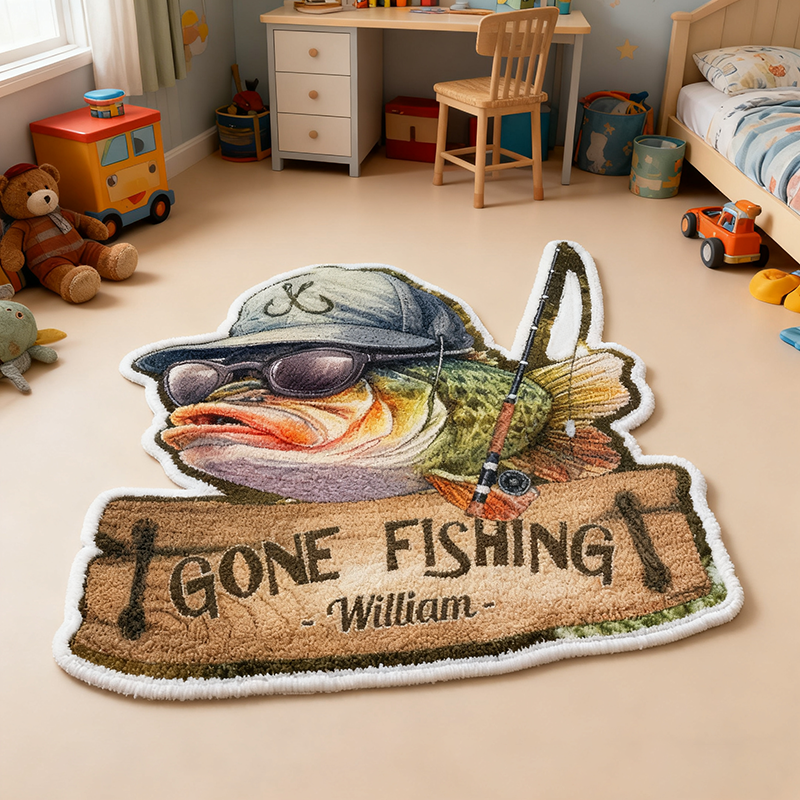 Personalized Gone Fishing Rug Custom Name Fish-Shaped Carpet for Kids Room or Fishing Lovers Graphic 3D Print Funny and Unique Home Decor Gift 