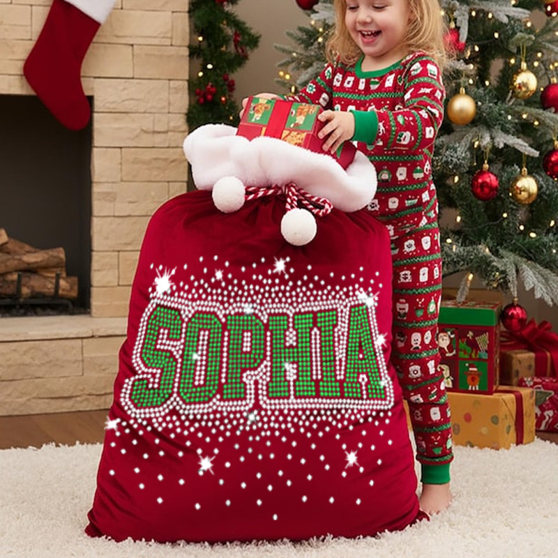 Personalized Christmas Gift Sack Custom Shiny Name Drip Faux Rhinestone Red Santa Bag Letter Holiday Present Storage