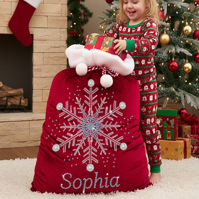 Personalized Christmas Gift Sack Custom Name Velvet Santa Bag White Snowflake Large Holiday Storage