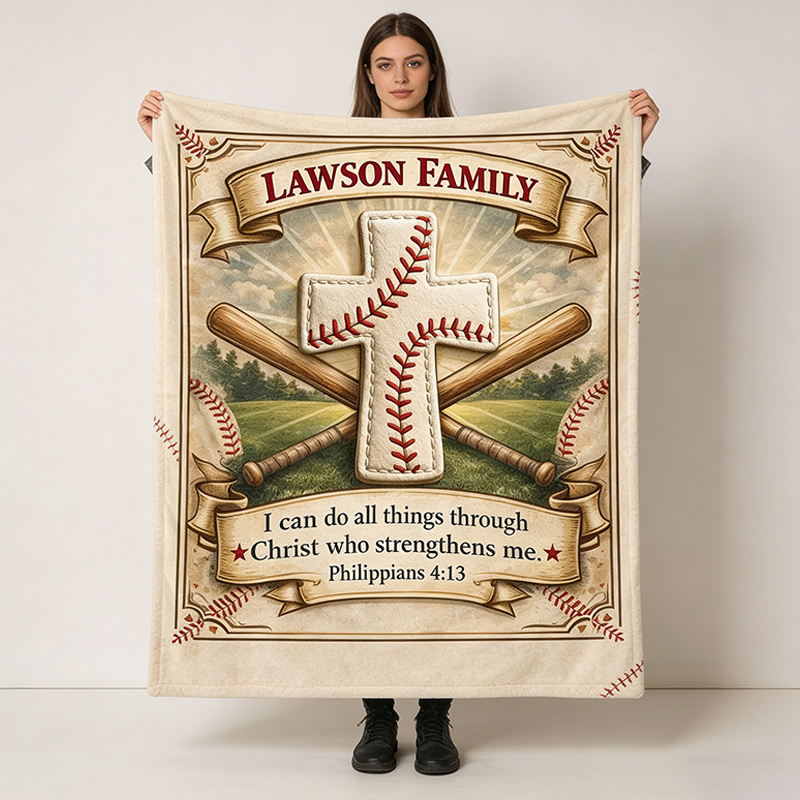 Personalized Baseball Blanket with Family Name and Inspirational Verse for Sports Enthusiasts and Believers Alike