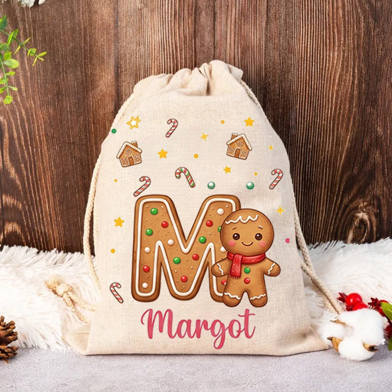 Personalized Christmas Gift Bags Custom Name Gingerbread Alphabet Santa Sack Holiday Present Storage