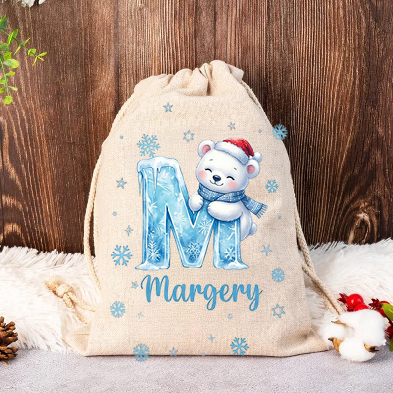 Personalized Christmas Gift Sack Custom Name Snow Bear Alphabet Santa Bag Holiday Present Storage For Kids