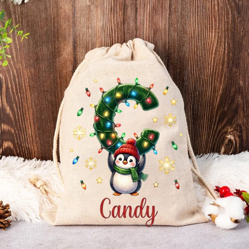 Personalized Christmas Gift Sack Custom Name Penguin Alphabet Santa Bag Holiday Present Storage For Kids