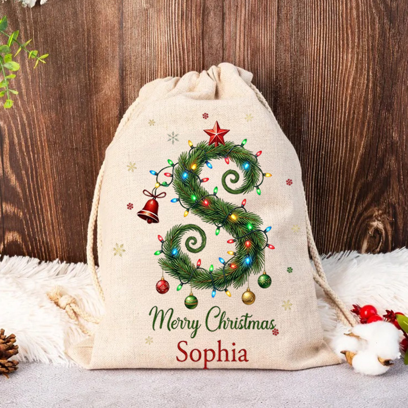 Personalized Christmas Gift Sack Custom Name Alphabet Tree Santa Bag Holiday Present Storage For Kids