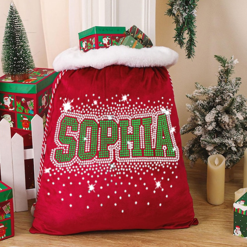 Personalized Christmas Gift Sack Custom Shiny Name Drip Faux Rhinestone Red Santa Bag Letter Holiday Present Storage
