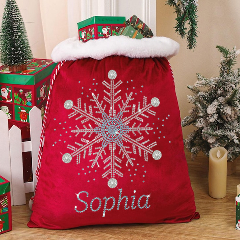 Personalized Christmas Gift Sack Custom Name Velvet Santa Bag White Snowflake Large Holiday Storage