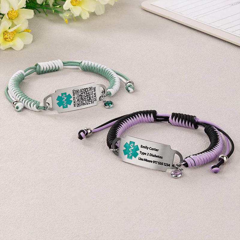 Personalized Adjustable Rope QR Code Medical Alert ID Bracelet with Birthstone and Text Emergency Gift for Diabetes Allergy Epilepsy Patient Family Gift