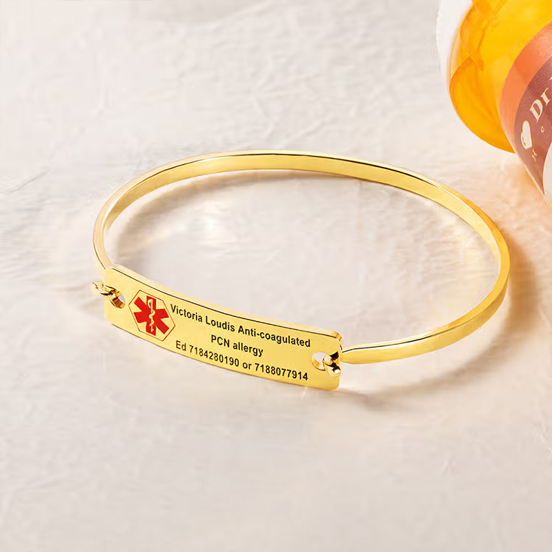 Personalized Engraved Star of Life Medical Symbol Emergency Alert ID Bangle Bracelet with Text Gift for Family Friend with Diabetic Allergy Autism