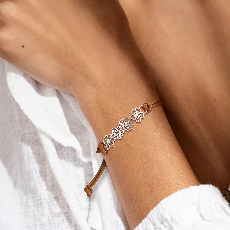 Personalized Minimalist Adjustable 1-8 Birth Flower Waxed Line Bracelet Charm Jewelry Birthday Mother's Day Christmas Gift for Family Mom Grandma Gift