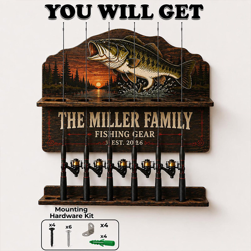 Personalized Bass Fishing Rod Holder Fishing Pole Rack Custom Fishing Gear Organizer Fisherman Gift for Dad Garage Cabin Wall Storage