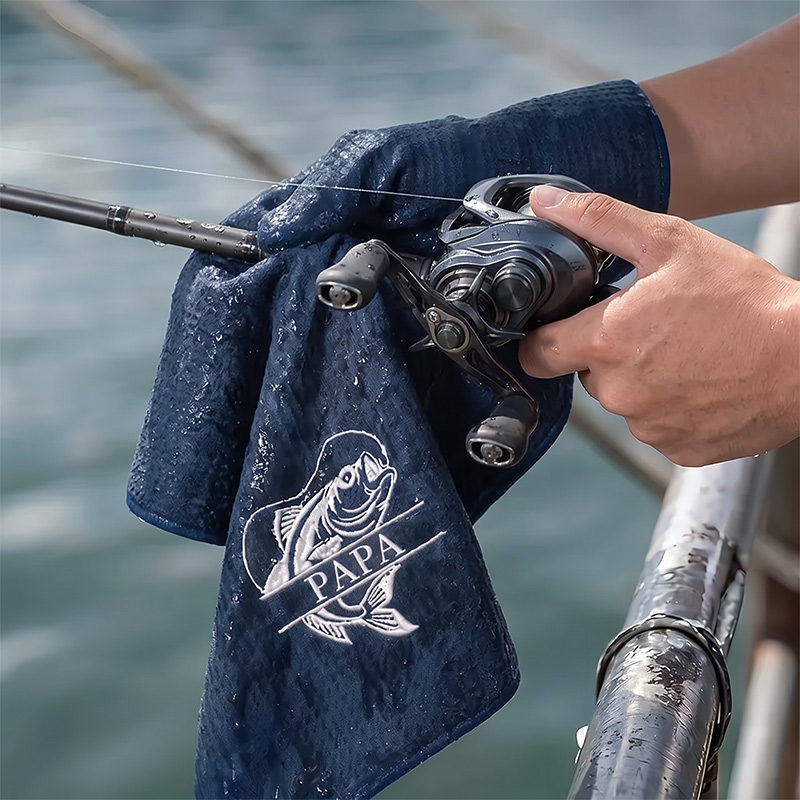 Personalized Dad Fishing Waffle Towel Monogram Embroidery Waffle Towel with Name and Hanging Clip Birthday Gift for Dad Grandpa Fishing Enthusiasts