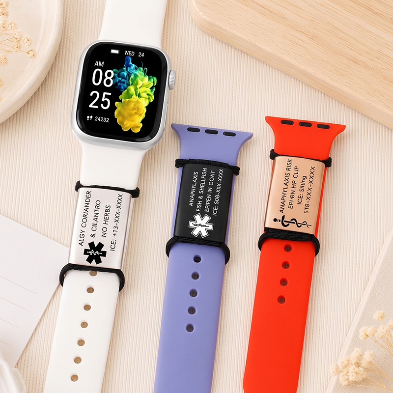 Personalized Medical Alert Watch Band Tag Custom Engraved Allergy & Emergency Info ID Steel Charm for Apple Fitbit Garmin Watch Bands