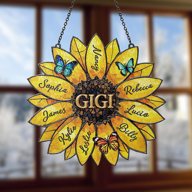 Personalized Sunflower Suncatcher Custom Family Names Stained Acrylic Window Art Gift for Mom Grandma Family