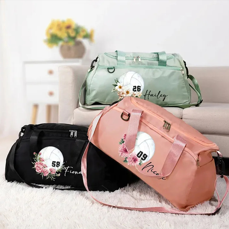 Personalized Volleyball Birth Flower Large Sport Duffle Bag with Shoe Compartment and Shoulder Strap Birthday Team Gift for Women Volleyball Lovers
