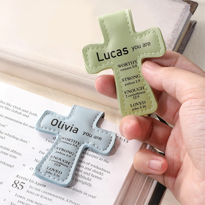 Personalized Inspirational Bible Verses Cross PU Leather Magnetic Bookmark Clip First Communion Baptism Back to School Gift for Christians Bookworms
