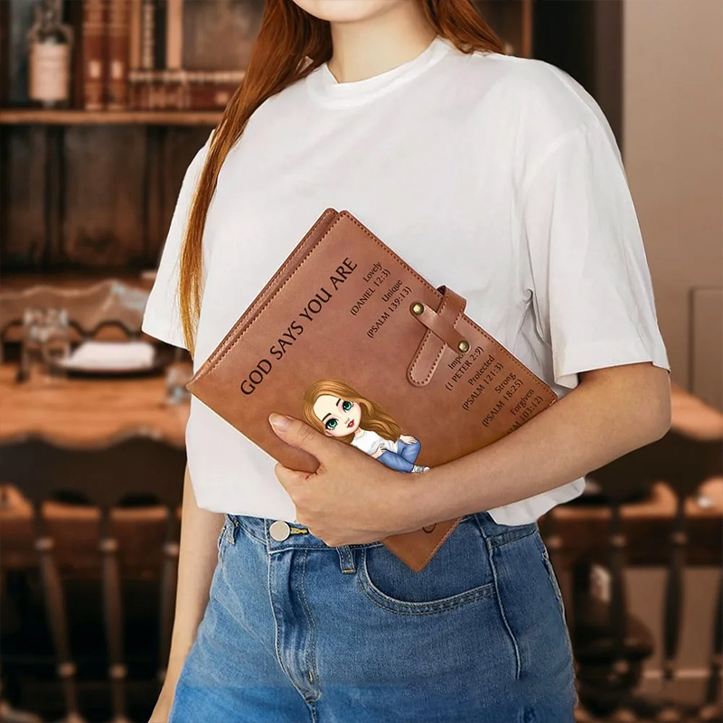 Personalized God Says You Are Cartoon Character A5 Leather Notebook Cover with Name Birthday Baptism Gift for Christian
