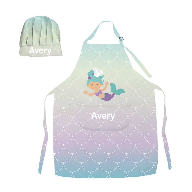 Personalized Colorful Gradient Cartoon Print Adjustable Kids Apron Set with Name and Pocket for Cooking Crafts Holiday Gift for Girls