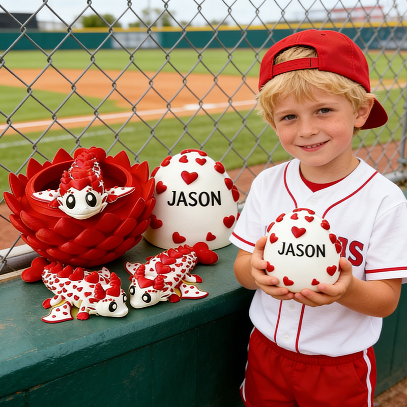 Personalized 3D Printed Baseball Heart Dragon and Egg Toy Set with Custom Name for Kids and Fans 