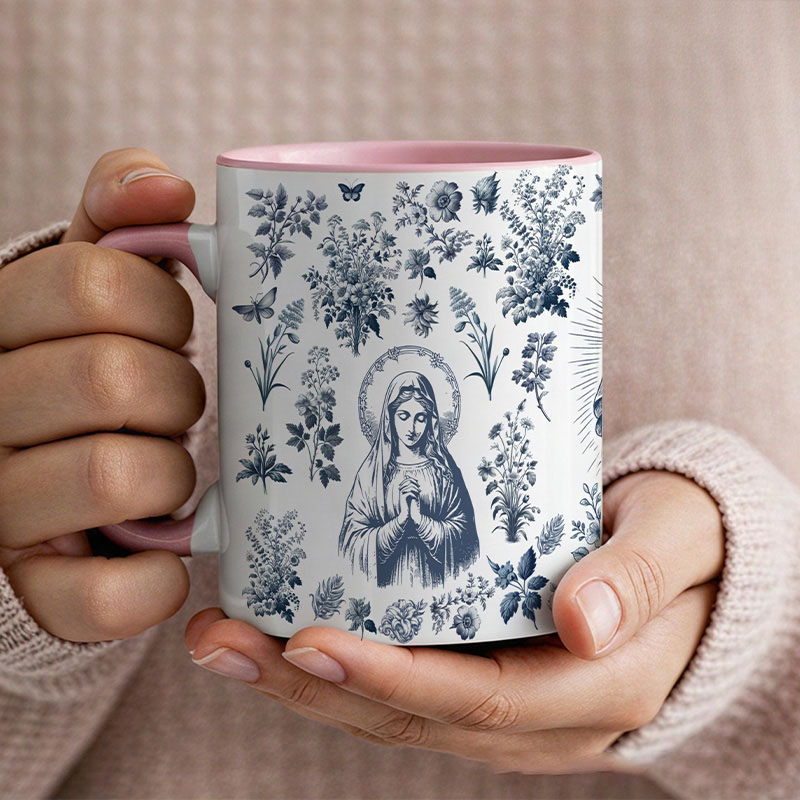 Personalized Catholic Virgin Mary Toile 11oz Ceramic Mug with Name Vintage Floral Catholic Marian Mug Our Lady Coffee Cup Christian Gift for Women