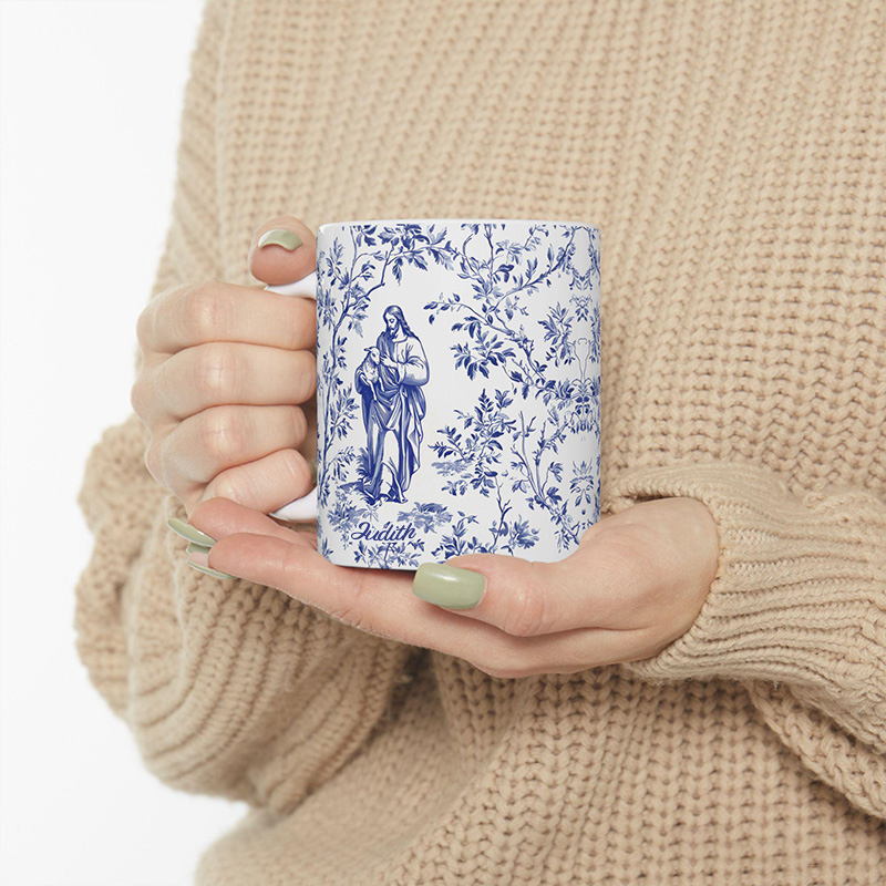 Personalized Jesus and Lost Lamb Blue Toile de Jouy 11oz 15oz Ceramic Mug with Name French Toile Coffee Cup Religious Gift for Women Faith Tea Cup