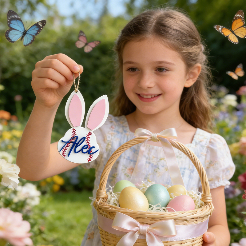 Personalized Baseball Easter Basket Tag Custom Name Bunny Label Gift for Kids on Easter Day