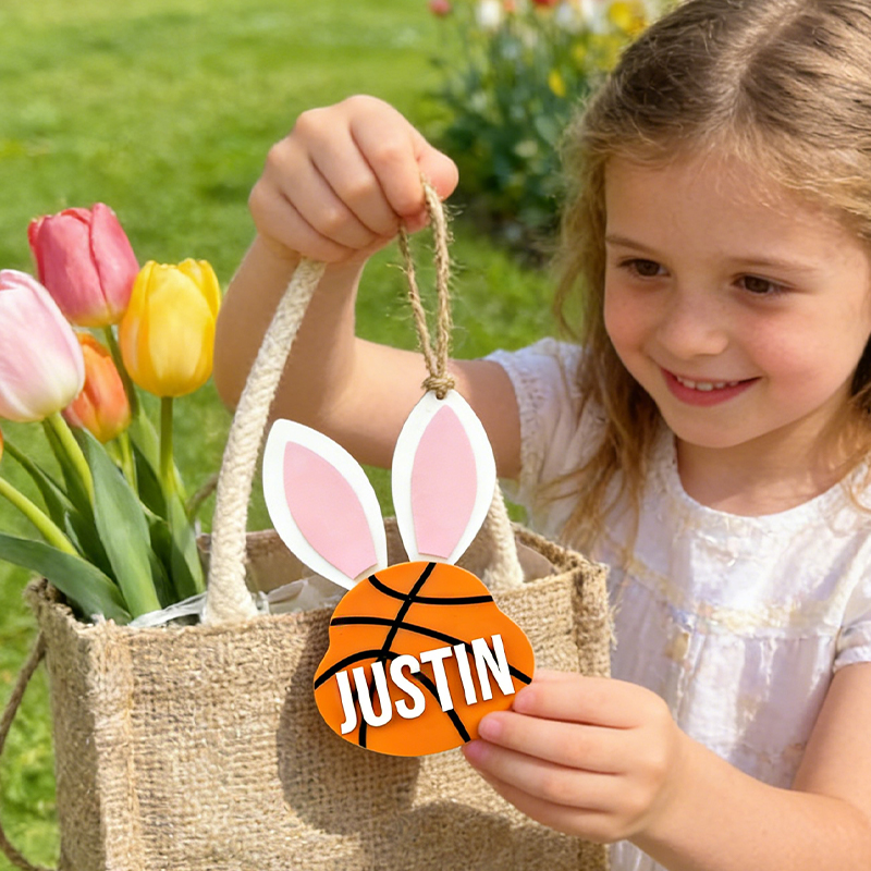Personalized Basketball Easter Basket Tag Custom Name Bunny Label Gift for Kids on Easter Day