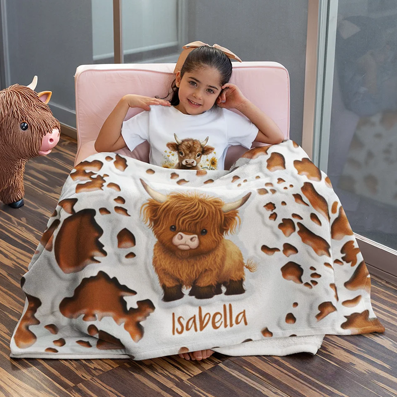 Personalized Cute Highland Cow Soft Throw Blanket Baby Swaddle Hat Set with Name Home Decor Anniversary Birthday Gift for Family Baby