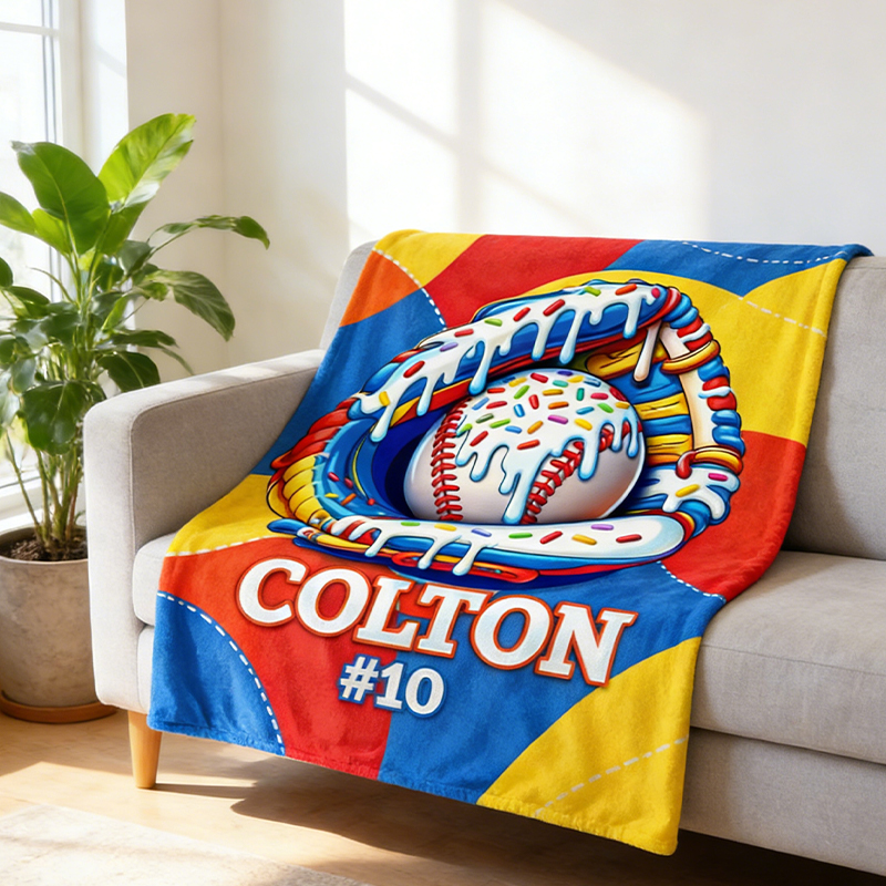 Personalized Baseball Blanket with Fun Ice Cream Drip Design for Baseball Enthusiasts