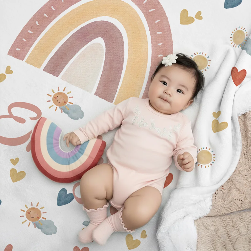 Personalized Heart Cloud Smiling Sun Rainbow Soft Throw Blanket with Name Home Decor Christmas Birthday Gift for Kids