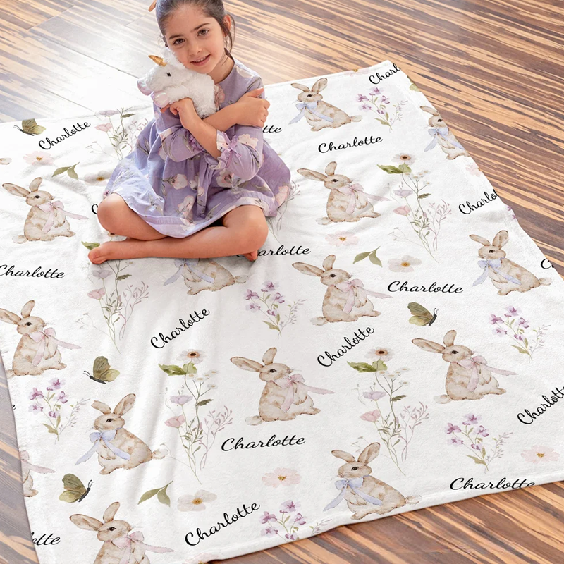 Personalized Wildflower Rabbit Soft Throw Blanket with Name Home Decor Anniversary Birthday Gift for Family Baby
