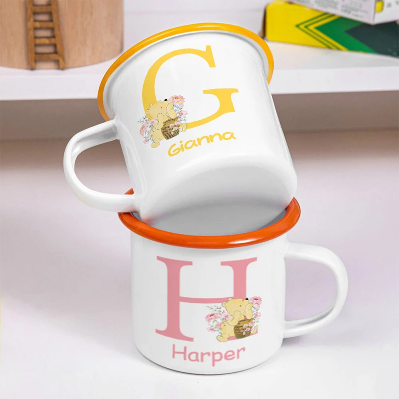 Personalized Cute Classic Bear Enamel Mug with Initial and Name Back to School Birthday Easter Gift for Kids