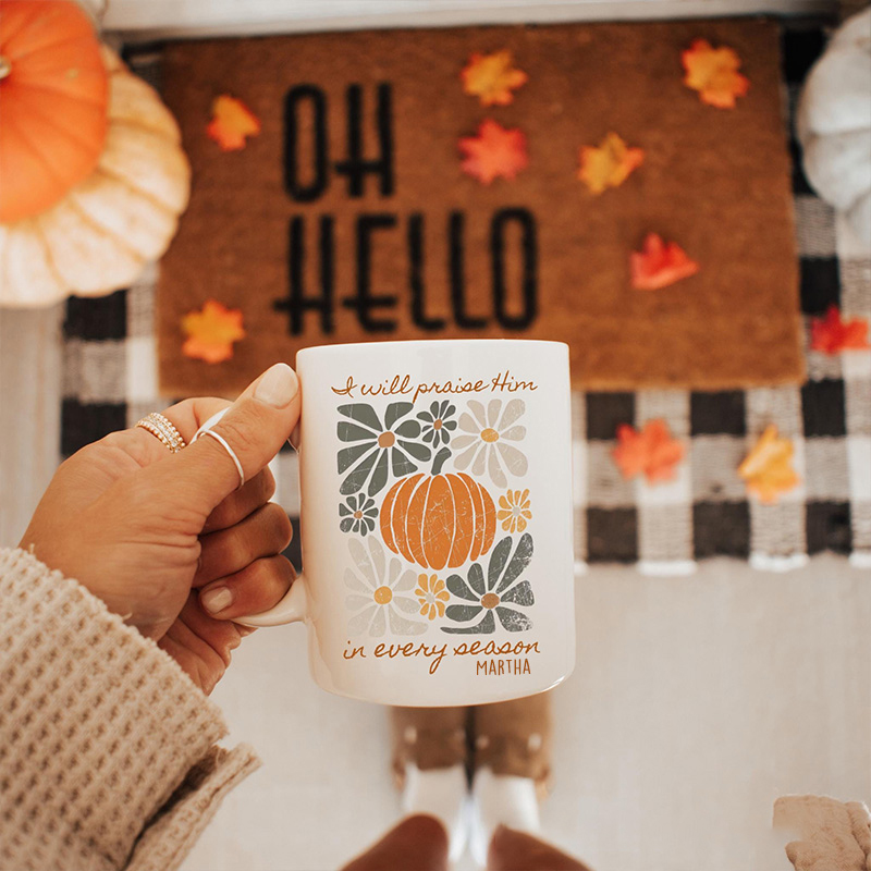 Personalized Boho Fall Mug Pumpkin Psalm Bible Verse Ceramic Mug with Name Floral Thanksgiving Coffee Cup Fall Host Gift Christian Thanksgiving Gift