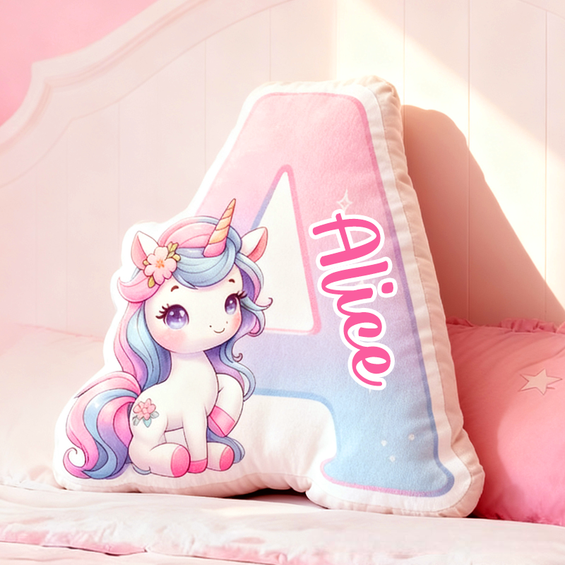 Personalized Cartoon Cute Pink Dream Horse Initials with Name Graphic 3D Print Pillow Christmas Gift for Kids 